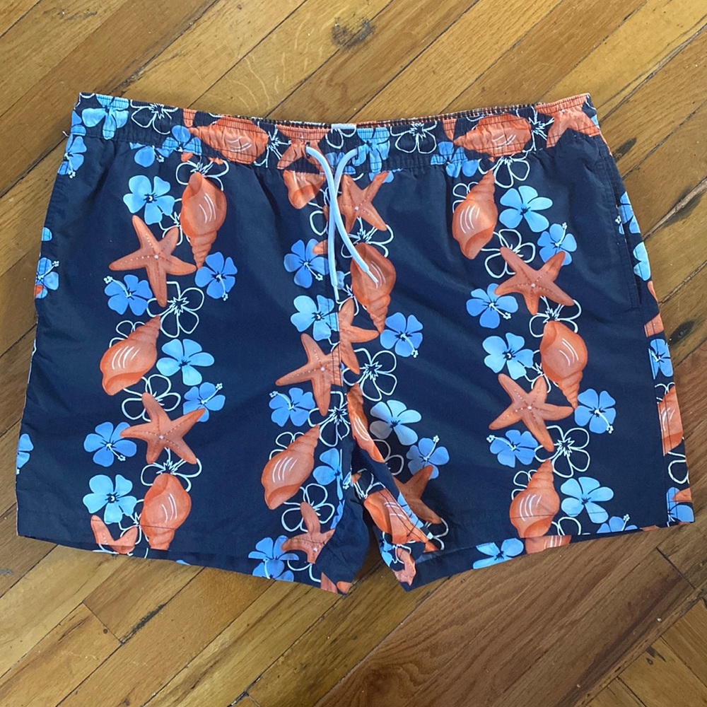 Brooks Brothers Blue Floral Starfish Draw String Swim Trunk Shorts